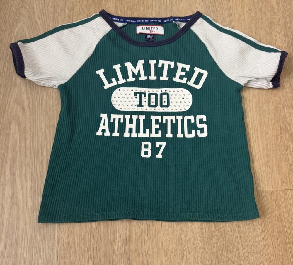 Limited Too Girls Ribbed Athletic Tee | Size [L 12/14| Green & White